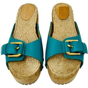 See By Chloe Platform Sandals Green 37 US 7 Gold Studs Buckle Open Toe